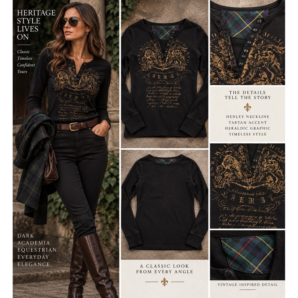 Lauren Ralph Lauren Black Gold Heraldic Lion Graphic Henley Top Plaid Accent